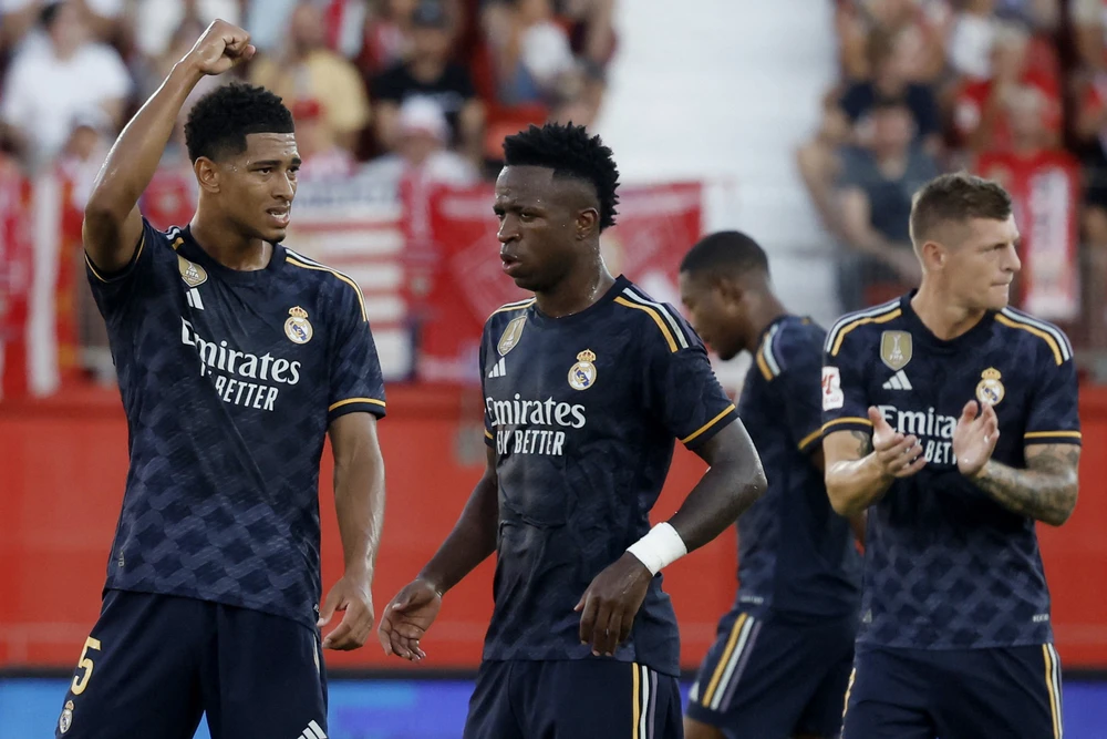 Vinicius bị chấn thương và Benzema chia tay nhưng rất may tân binh Bellingham đang làm tốt nhiệm vụ ghi bàn cho Real Madrid. Ảnh: GETTY.