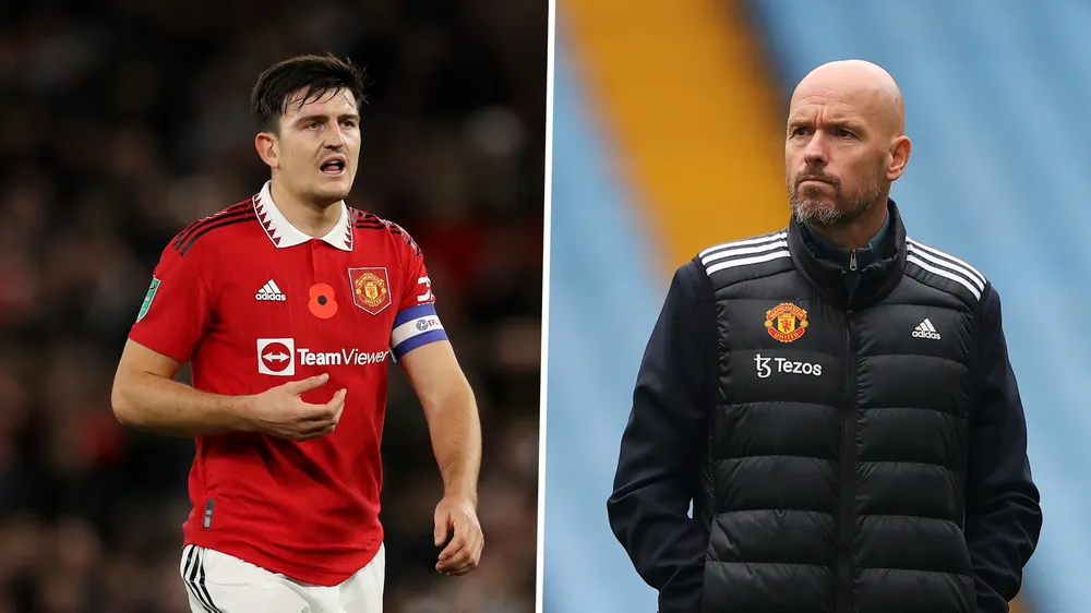 HLV Ten Hag nói ông rất vui khi Maguire ở lại Man United nhưng ông vẫn rất hạn chế sử dụng anh. Ảnh: GETTY. Maguire-bruno-ten-hag.jpg