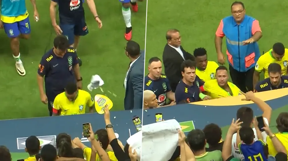 Neymar đã phản ứng sau hành động ném bỏng ngô của một CĐV trúng vào đầu anh. Ảnh: GETTY. neymar-brazil-1.jpg