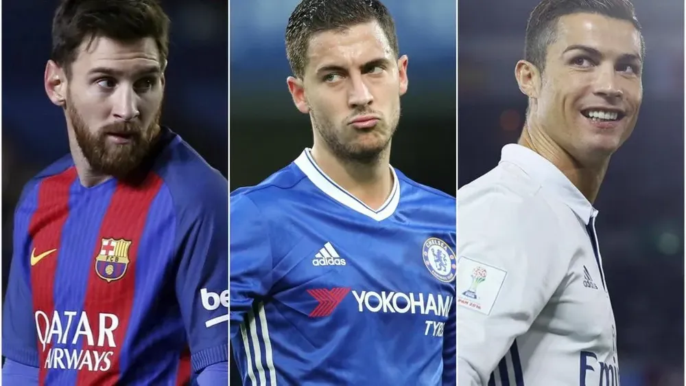 Hazard sớm giải nghệ ở tuổi 32 để lại nhiều nuối tiếc, trong khi Messi 36 tuổi, Ronaldo 38 tuổi vẫn còn thi đấu. Ảnh: GETTY. hazard-messi-ronaldo.png