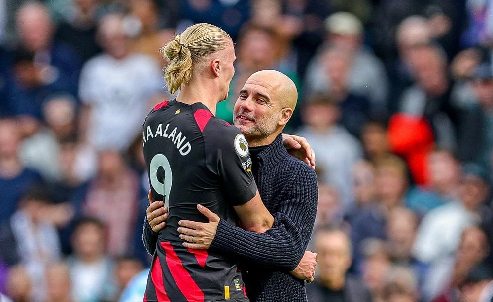 HLV Pep Guardiola hết lòng bênh vực Haaland dù anh chơi không như ý muốn trong những trận đấu gần đây. Ảnh: GETTY. haaland-lai-bi-chi-trich-nang-loi (2).jpg
