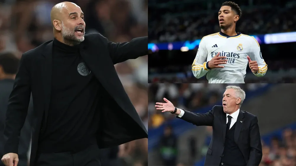 HLV Pep Guardiola không sợ đội bóng của đồng nghiệp Ancelotti nhưng rất ngán ngại ngôi sao trẻ Bellingham. Ảnh: GETTY. bellingham-len-tieng-va-noi-so-hai-cua-man-city (2).jpg