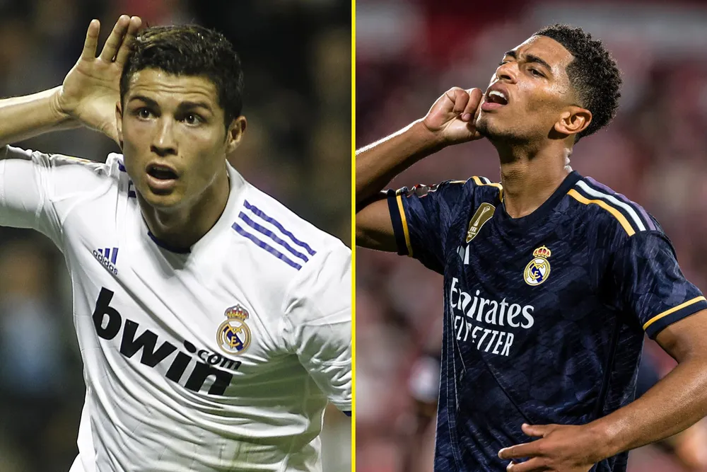 Biểu cảm khi ăn mừng bàn thắng của Bellingham cũng giống với đàn anh Ronaldo. Ảnh: GETTY. tieu-tuong-bellingham-bat-chuoc-ronaldo (3).jpg