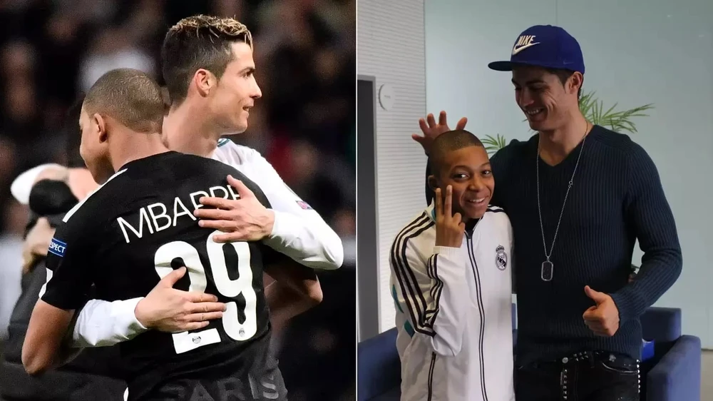 Đàn em Mbappe từ một cậu bé nhút nhát ngày nào bên thần tượng đã trở thành đồng nghiệp lớn của siêu sao Ronaldo. Ảnh: GETTY. đàn em Mbappe