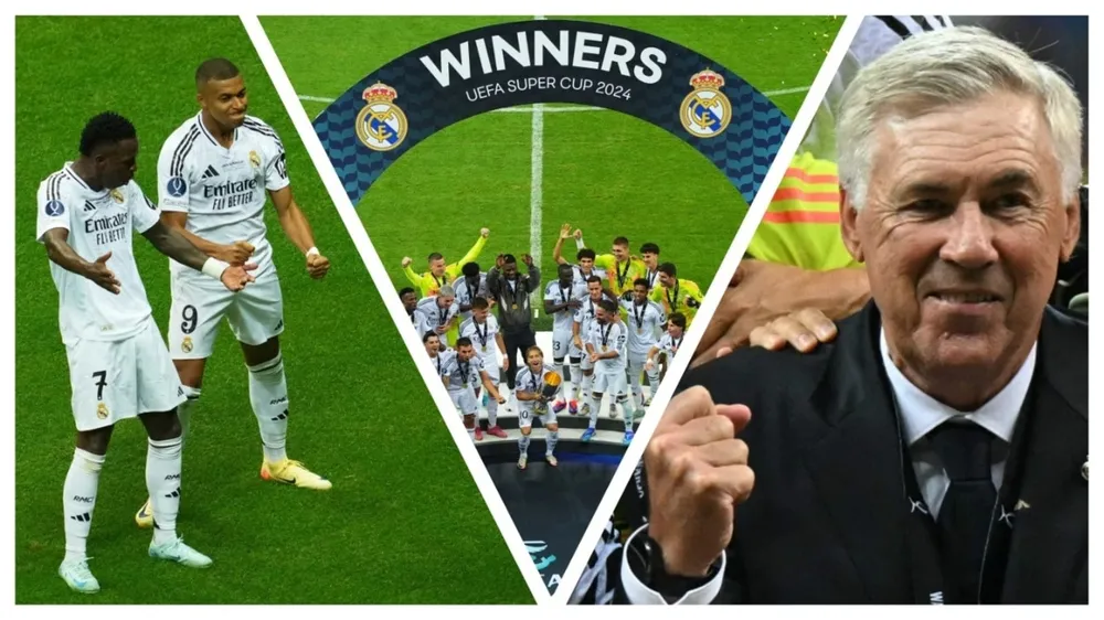 HLV Ancelotti cùng các học trò khẳng định sức mạnh. Ảnh: GETTY. khong-phai-mbappe-tieu-tuong-bellingham-moi-la-so-1 (3).jpg