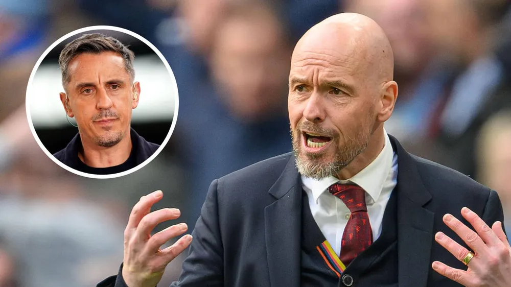Chuyên gia bóng đá Neville dự đoán MU sẽ không sa thải Erik ten Hag thời điểm này. Ảnh: GETTY. hlv-ten-hag-sai-lam-nhung-mu-se-khong-sa-thai (1).jpg