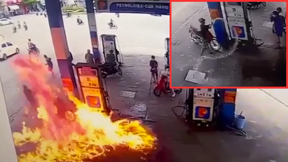 Người đàn ông mang can nghi chứa xăng đến đốt cây xăng Mả Vòng ở Nha Trang. Hình ảnh trích xuất từ camera an ninh. đốt cây xăng Mả Vòng