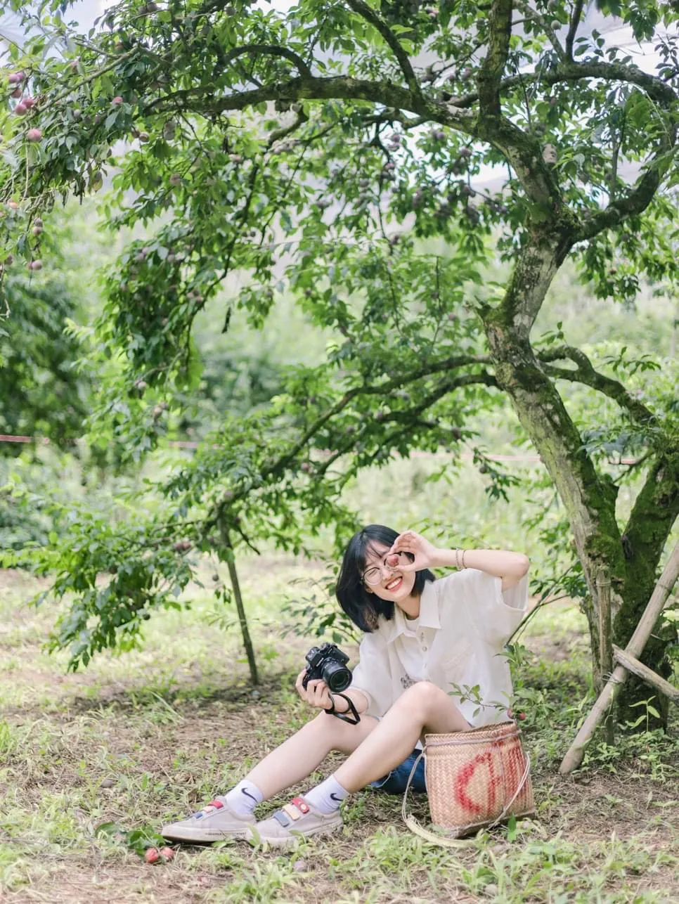 Du khách thích thú &quot;sống ảo&quot; trong vườn mận. Ảnh: HẰNG HOÀNG.