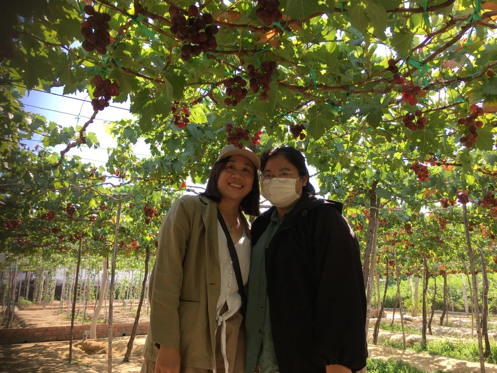 Du khách lưu lại kỷ niệm bên vườn nho. Ảnh: PHƯƠNG LÊ.