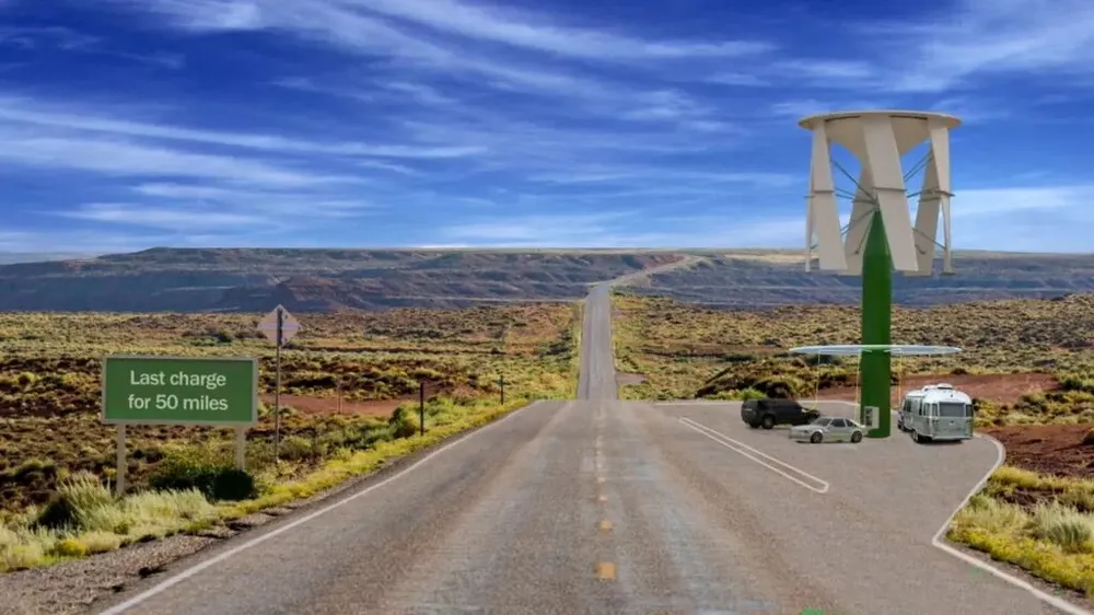 Tháp Gió &amp; Mặt trời thu thập điện từ cả gió và mặt trời để tạo ra đủ năng lượng để sạc xe điện. Ảnh: Carscoops.