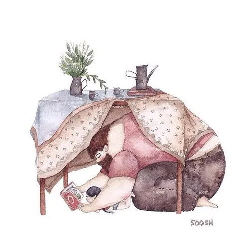 Những lúc mưa, cha con mình dẹp bàn ăn, giả làm lều cắm trại