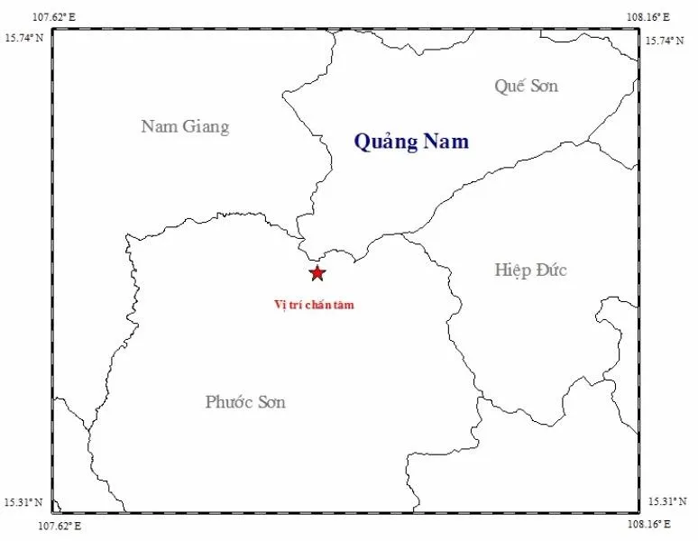 Bản đồ tâm chấn động đất tại Phước Sơn. Ảnh Viện Vật lí địa cầu