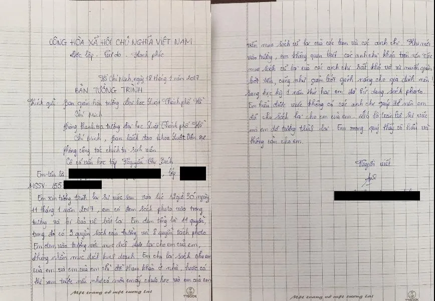 Bản tường trình hoàn cảnh của sinh viên luật photo giáo trình dẫn đến bị đình chỉ học tập 1 năm Ảnh: Quỳnh Như)