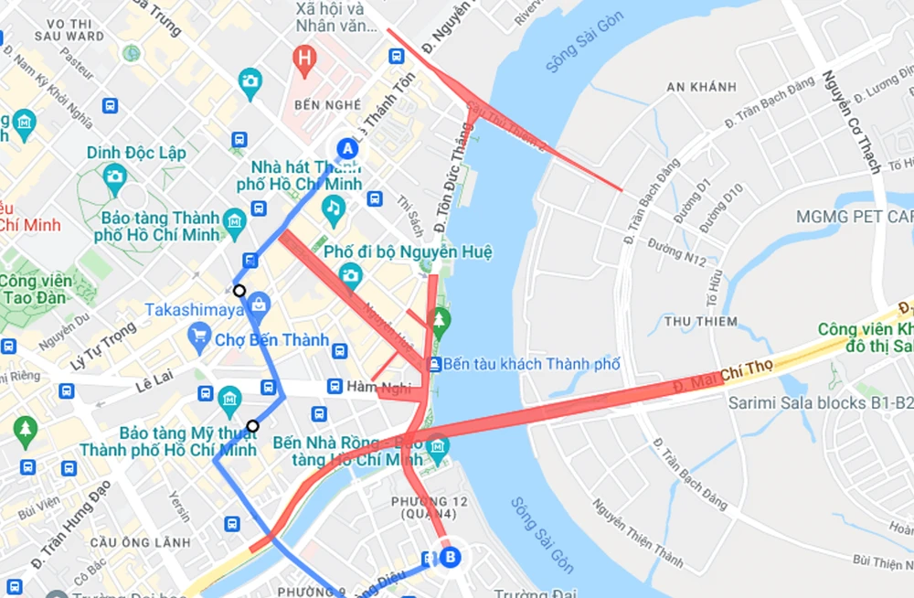 Lộ trình hướng đi từ quận 4. Ảnh: ĐT chụp màn hình.