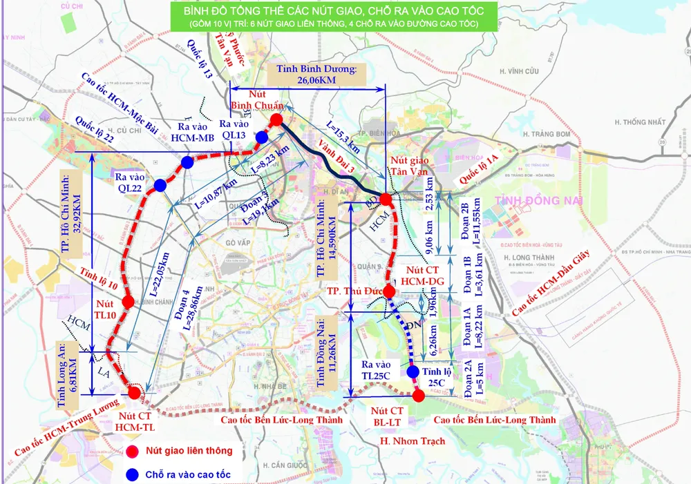 Bình đồ tổng thể các nút giao, chỗ ra vào cao tốc trên tuyến vành đai 3 TP.HCM. Ảnh: Sở GTVT TP.HCM cung cấp. Bình đồ tổng thể các nút giao, chỗ ra vào cao tốc trên tuyến vành đai 3 TP.HCM. Ảnh: Sở GTVT TP.HCM cung cấp.