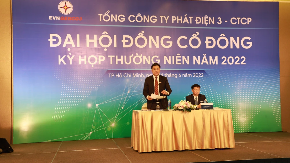 Ông Đinh Quốc Lâm, Chủ tịch HĐQT trả lời ý kiến của cổ đông. Ảnh: EVNGENCO3.