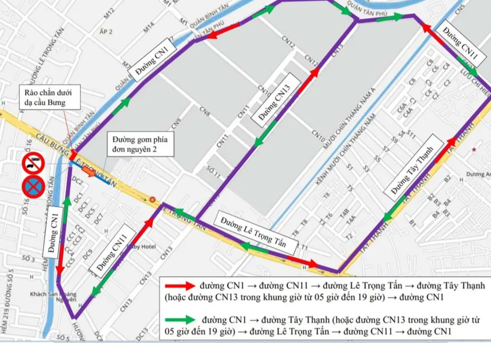 Sơ đồ hướng dẫn người dân lưu thông khu vực cầu Bưng, quận Tân Phú. Ảnh: Sở GTVT TP.HCM.