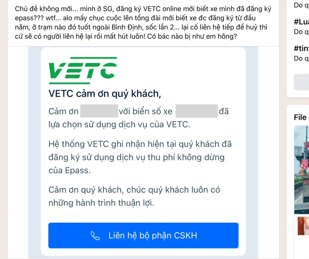 Nhiều người dân phàn nàn vì bỗng nhiên bị kích hoạt dịch vụ dán thẻ thu phí không dừng. Ảnh chụp màn hình: ĐT.