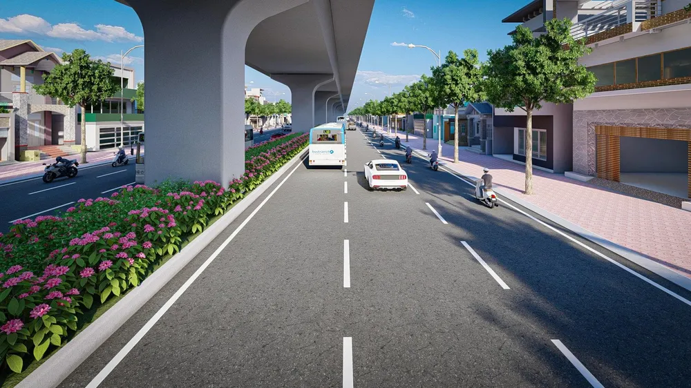 Làn đường phía dưới tuyến đường trên cao. Làn đường phía dưới tuyến đường trên cao.