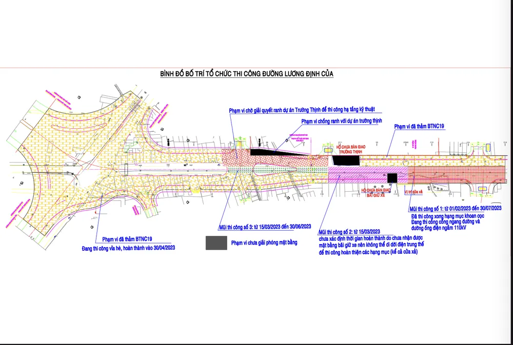 Bình đồ khu vực tổ chức thi công. Ảnh: Ban Giao thông Bình đồ khu vực tổ chức thi công. Ảnh: Ban Giao thông
