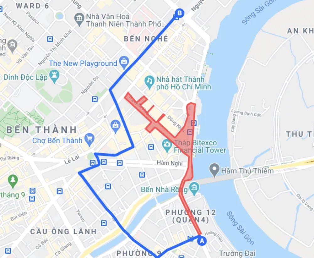 Khu vực các tuyến đường bị cấm lưu thông (màu đỏ). Ảnh: Sở GTVT TP.HCM Khu vực các tuyến đường bị cấm lưu thông (màu đỏ). Ảnh: Sở GTVT TP.HCM