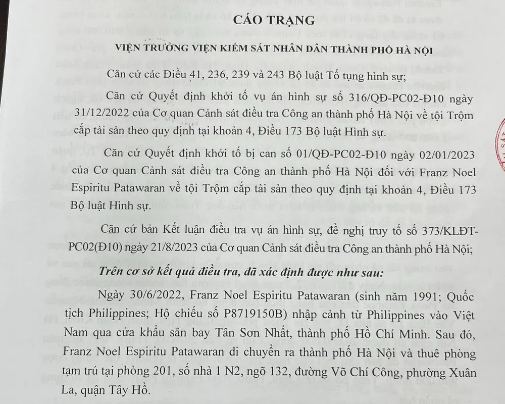 Cáo trạng truy tố Franz Noel Espiritu Patawaran trộm đồng hồ