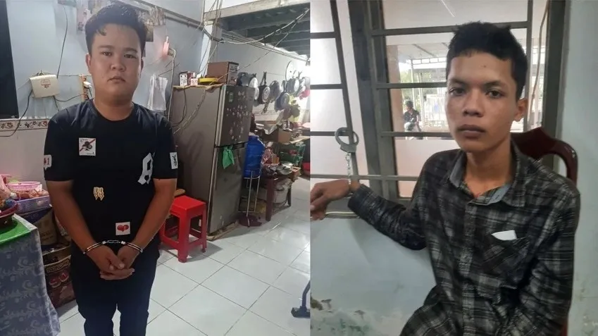Hai nghi phạm Võ Văn Đặng và Lâm Thượng bị bắt khi gây ra vụ dùng súng đe dọa cướp tài sản trên Quốc lộ N2. Ảnh: HUỲNH DU Quốc lộ N2