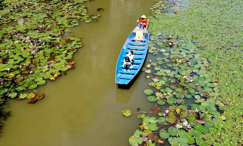 Du khách trải nghiệm trong dòng suối Ấu với hoa súng bung nở ven suối. Ảnh: ĐẶNG TRUNG