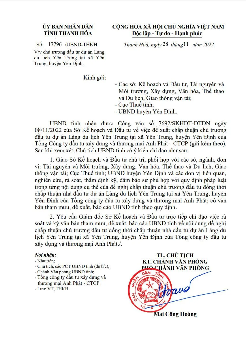 Văn bản chỉ đạo của Chủ tịch UBND tỉnh Thanh Hóa liên quan đến Làng du lịch Yên Trung. Ảnh: ĐT Văn bản chỉ đạo của Chủ tịch UBND tỉnh Thanh Hóa liên quan đến Làng du lịch Yên Trung. Ảnh: ĐT