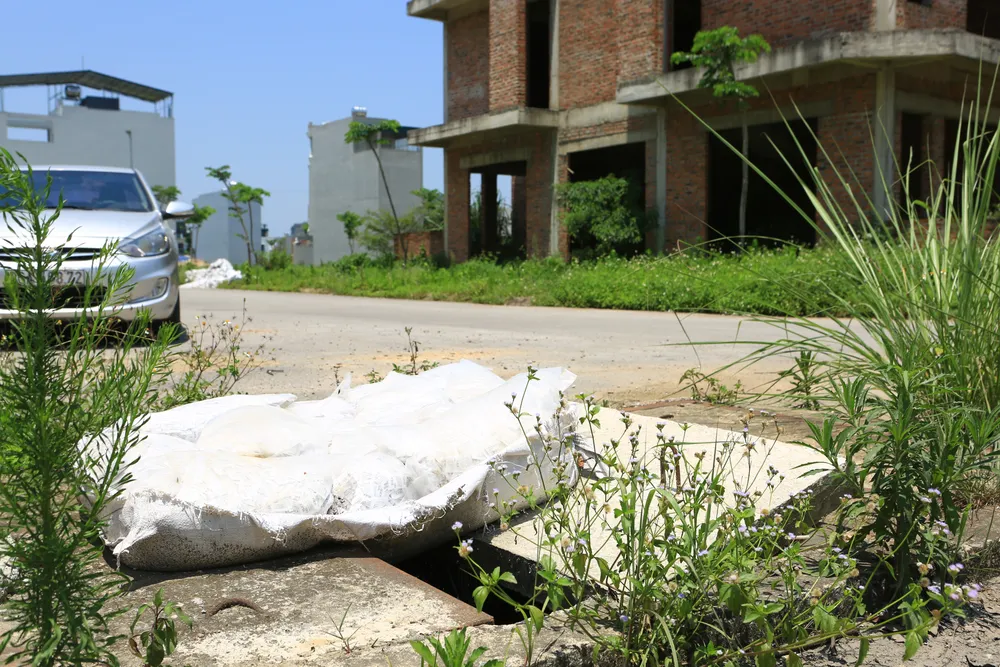 Một hố ga án ngữ ngay giữa đường, đậy nắp sơ sài, cỏ mọc tùm lum gây nguy hiểm cho người dân đi qua khu vực này. Ảnh: Đ.TRUNG