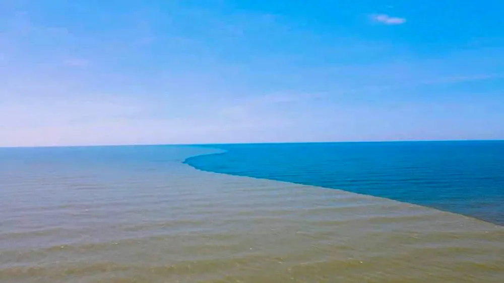 Hiện tượng mặt biển chia đôi được cộng đồng mạng lý giải là do mưa lớn ở thượng nguồn đổ ra biển.