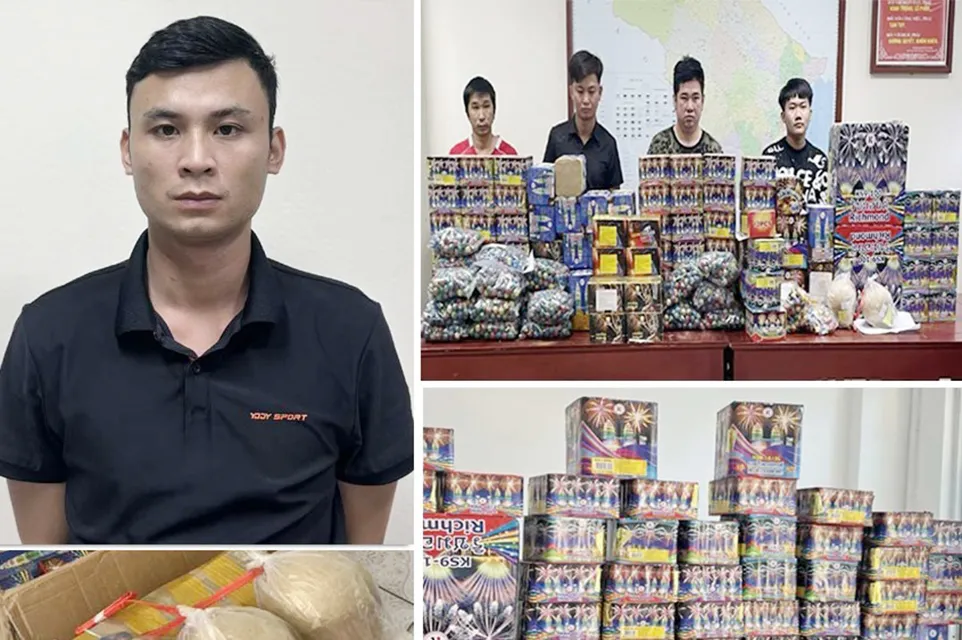 Vũ Văn Nam và các đối tượng trong đường dây mua bán pháo trái phép xuyên quốc gia cùng số pháo thu giữ. Triệt phá đường dây vận chuyển, mua bán pháo nổ xuyên quốc gia.jpg