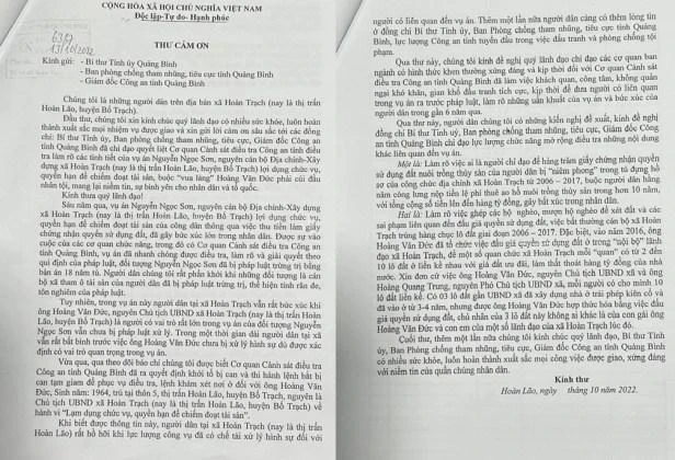 Thư cảm ơn của tập thể người dân xã Hoàn Trạch cũ (nay là TT Hoàn Lão, huyện Bố Trạch). Ảnh: TRẦN TUẤN