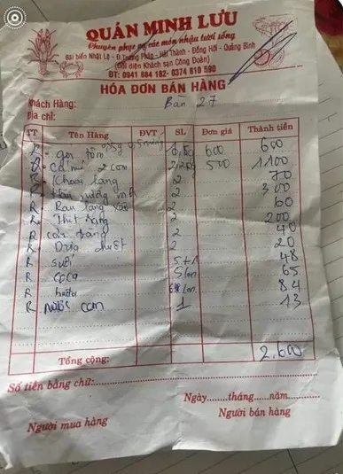 Hoá đơn bữa ăn. Ảnh: M.L Hoá đơn bữa ăn. Ảnh: M.L