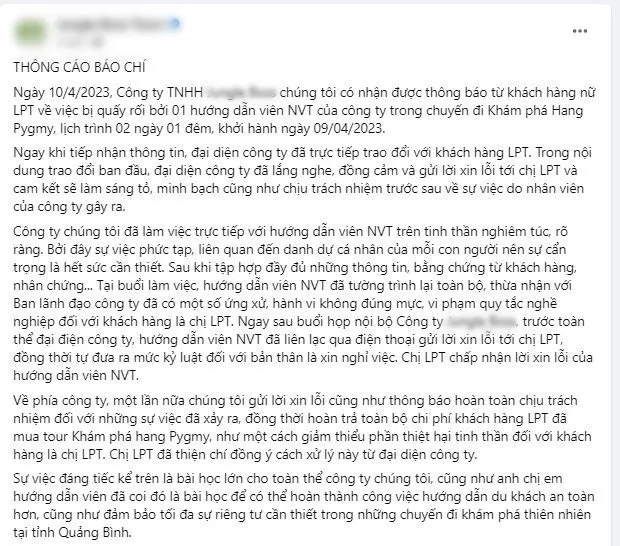 Thông cáo báo chí do Công ty J.B đăng tải trên Fanpage
