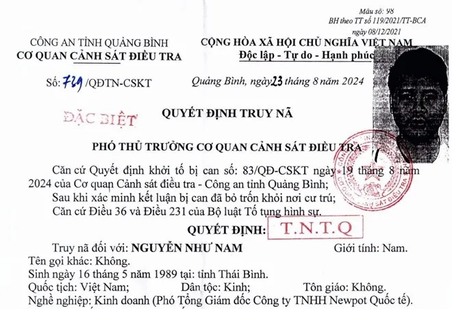 Nguyễn Như Nam bị truy nã về tội lừa đảo chiếm đoạt tài sản. Ảnh: CA Truy nã một Phó Tổng giám đốc về tội lừa đảo chiếm đoạt tài sản
