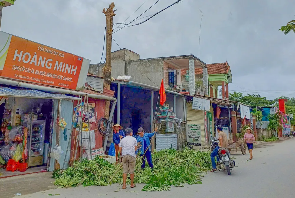 Người dân trên địa bàn thị trấn Kiến Giang, huyện Lệ Thủy, tỉnh Quảng Bình chủ động cắt tỉa cây xanh trước khi mưa bão đến. Ảnh: B.THIÊN z5842363567793_eae8e4179a7a70a306c91c91b2ac367c.jpg