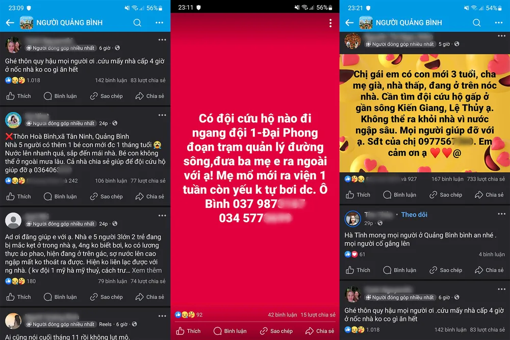 Nhiều người lên mạng kêu cứu bằng các dòng trạng thái đăng tải trên các fanpage, hội nhóm Facebook. Ảnh: chụp màn hình Quảng Bình: Lũ tiếp tục dâng trong đêm, nhiều người lên mạng kêu cứu