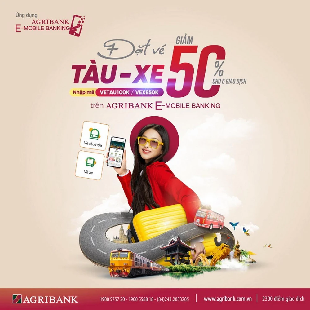 Giảm 50% khi đặt vé tàu hỏa, xe khách khi trên Agribank E-Mobile Banking