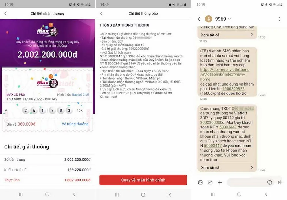 Thông báo trúng thưởng khi mua vé số qua Vietlott SMS.