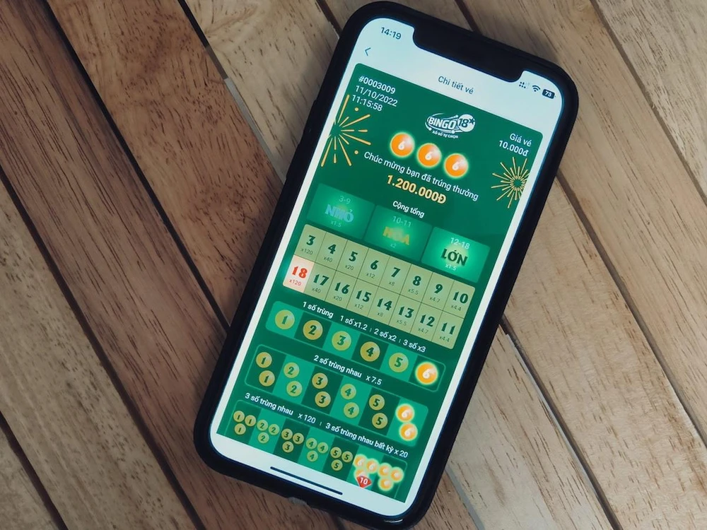 Thông báo trả thưởng 1,2 triệu đồng cho một vé Bingo18 dự thưởng 10.000 đồng.