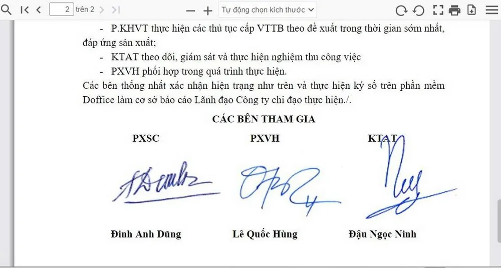 Biểu mẫu biên bản hiện trường có chữ ký số EVNCA của các đơn vị trong Công ty Thủy điện Bản Vẽ.