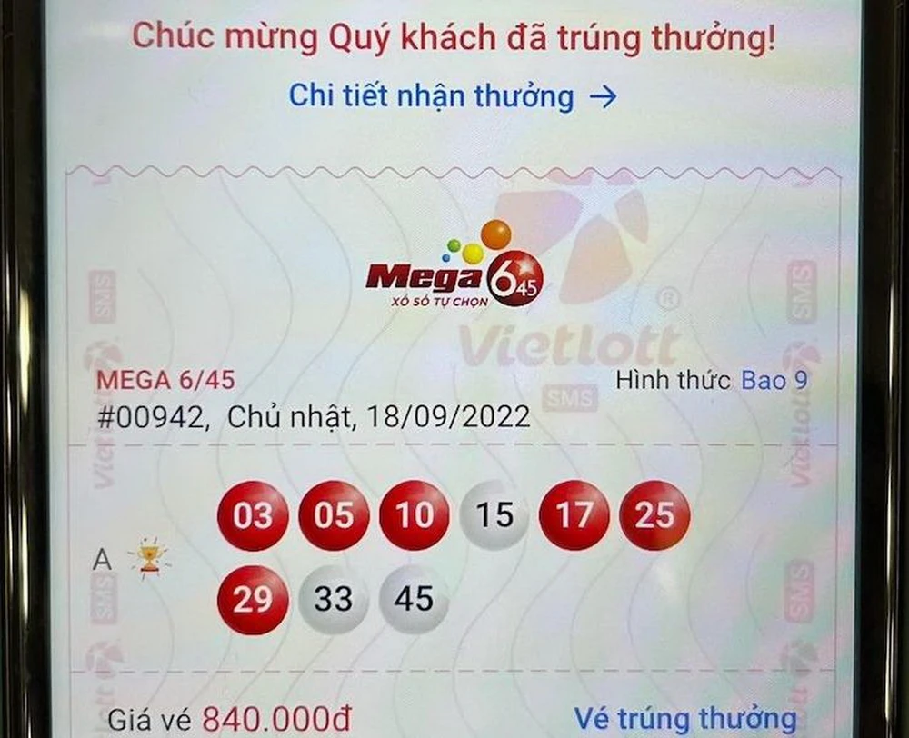 Giao diện thông báo trúng Jackpot trên ứng dụng Vietlott SMS.