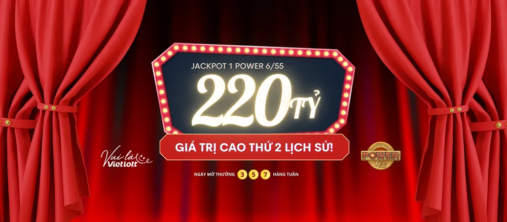 Giải Jackpot 1 - Power 6/55 trị giá 220 tỷ đồng đang chờ người chơi trên Vietlott SMS và các điểm bán vé trực tiếp. Giải Jackpot 1 - Power 6/55 trị giá 220 tỷ đồng đang chờ người chơi trên Vietlott SMS và các điểm bán vé trực tiếp.
