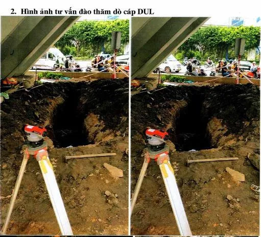Đơn vị tư vấn đào thăm dò cáp dưới mố nhịp chính cầu vượt Nguyễn Hữu Cảnh ngày 19-9, thấy rõ ống cáp hiện lên giữa hố đào.
