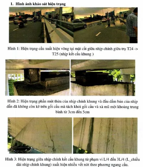 Cuộc khảo sát ngày 19-9 cũng phát hiện nhiều hư hỏng khác như cầu bị võng, nứt, đầu dầm tách khỏi gối cầu.