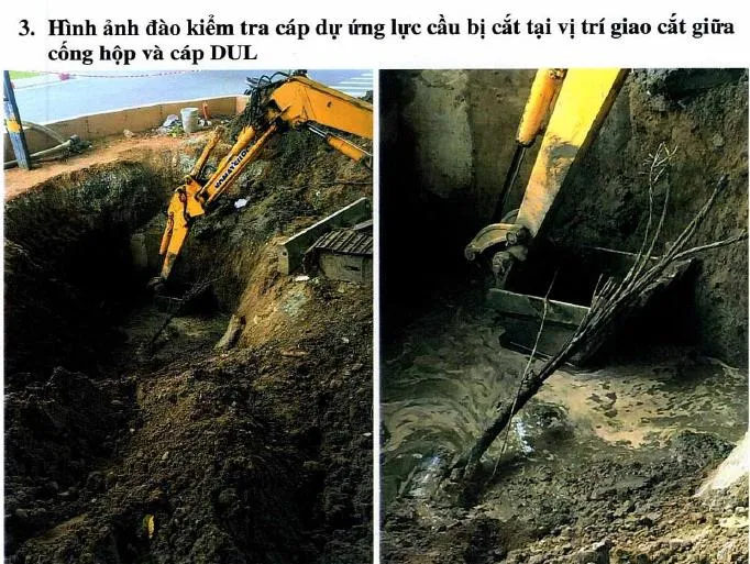 Đây là hình ảnh đào thăm dò ngày 19-9 cho thấy bó cáp bị đứt te tua.