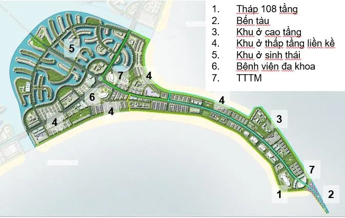Khu C nổi bật có tháp 108 tầng ở vị trí số 1. Vị trí số 2 sẽ là bến tàu. Khu C giữ nguyên cấu trúc và các khu chức năng chính theo quy hoạch 2018 được duyệt; Bố trí thêm khu ở cao tầng, văn phòng, thương mại dịch vụ quanh khu vực tháp 108 tầng. Mật độ xây dựng và tầng tầng cao thấp dần về phía mặt nước cảnh quan trung tâm.