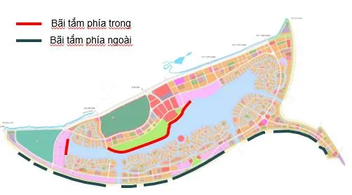 Khu vực bãi tắm biển phía trong và bãi tắm biển phía ngoài của khu đô thị này. Theo quy hoạch năm 2018, chiều dài bãi tắm là 3,85 km, DDCB 2023 sẽ tăng chiều dài bãi tắm thêm 0,16 km.