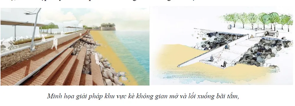 Bãi biển phía ngoài là phần biển xa, mực nước cũng cao hơn so với phía trong. Do vậy, phương án thiết kế kè và bãi tắm đã nghiên cứu đảm bảo cảnh quan cũng như an toàn tại khu vực này. DDCB 2023 sẽ tổ chức lối lên xuống bãi tắm thuận tiện cho người dân và du khách. Ngoài ra, phần đỉnh kè, tổ chức lối bậc giật cấp để không bị cản trở tầm nhìn ra biển cho người dân ngắm cảnh, dạo bộ kết hợp bố trí các điểm dừng cảnh quan dọc tuyến. Tổ chức lối giao thông đi bộ, đi xe đạp xuyên suốt phía bên trong hành lang bảo vệ kè.